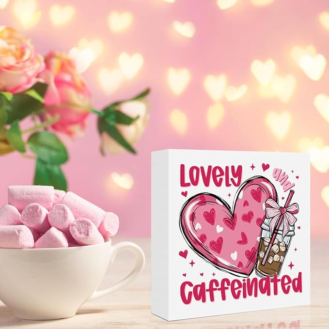 Valentines Day Decorations, Valentines Day Gifts for Her Him, Gift for Boyfriend Girlfriend, Pink Heart Bow Coffee Anniversary Wooden Box Sign Husband Wife Coffee lover Home Office Bedroom Desk Decor