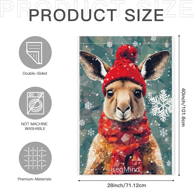 Kangaroo with Red Scarf and Hat Snowflake Christmas Garden Flag, 28x40 Inch Double Sided Linen Holiday Red Winter Farmhouse Yard Outdoor Decoration (4334)