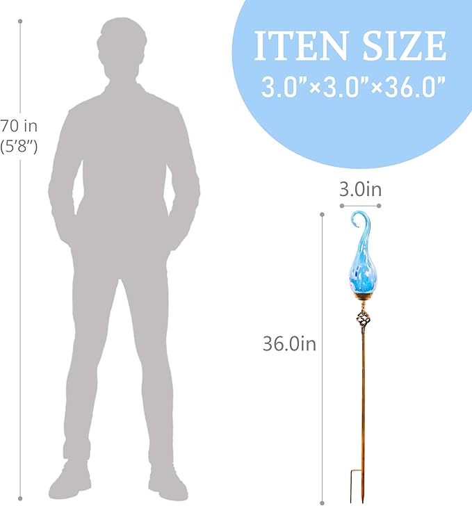 Naboher Garden Solar Lights Outdoor, Decorative LED Pearlized Glass Spiral Garden Stake with Finial, Hand Blown Glass and Metal Outdoor Decoration, 3 x 36 Inch (Light Blue)