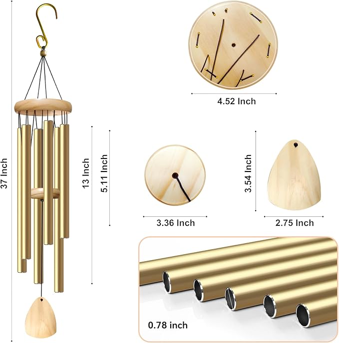 Bursvik Large Aluminium Wind Chimes 37 Inches to Create a Zen Atmosphere Suitable for Outdoor, Garden, Patio Decoration. Classic Wind Chimes with Wind Catcher as a Gift for Unisex(Light Golden)