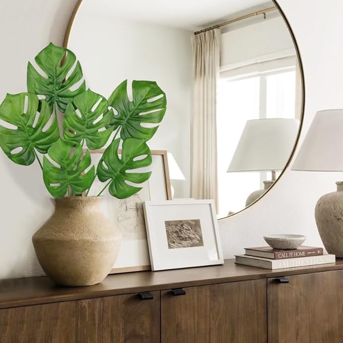 Hollyone 6 Pack Artificial Monstera Leaves with Stems Real Touch Faux Monstera Turtle Safari Leaf Fake Palm Tropical Plants for Vase Hawaiian Luau Party Jungle Beach Table Home Wedding Kitchen Decor