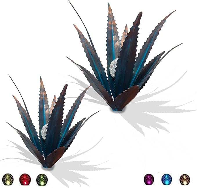 Muciwa 2 PCS Metal Agave Sculpture Decoration, Vintage Country Hand-Painted Sculpture DIY Metal Agave Plant, Home Garden Courtyard Lawn Outdoor Decoration (Serrated Blue)