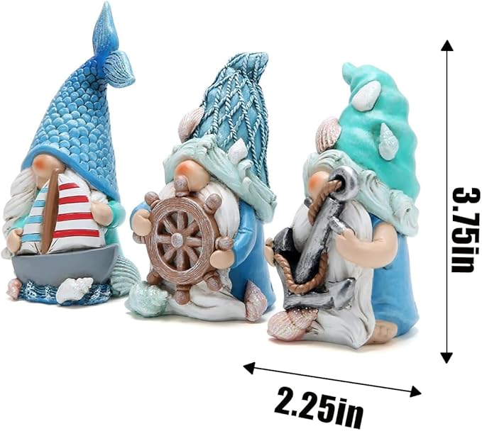 Hodao Ocean Gnome Figurines Set of 3, Nautical Resin Decor with Sailboat Anchor Helm Design, Cute Coastal Gnome Statues for Valentine’s Day Easter, All Season Home Decor