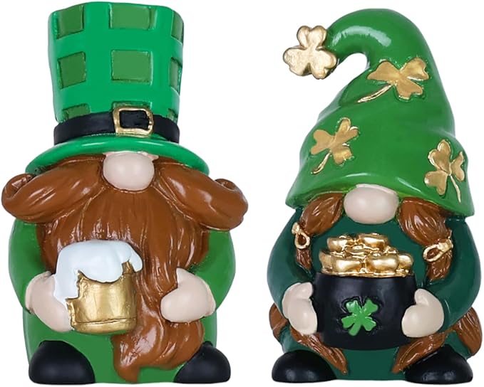 MEETYAMOR St Patricks Day Decorations, 2 PCS Handmade Gnome Resin Figurine for St Patricks Day Decor, Irish Green Clover Leprechaun Figurines Standing for Home Table, Mantel, Shelf