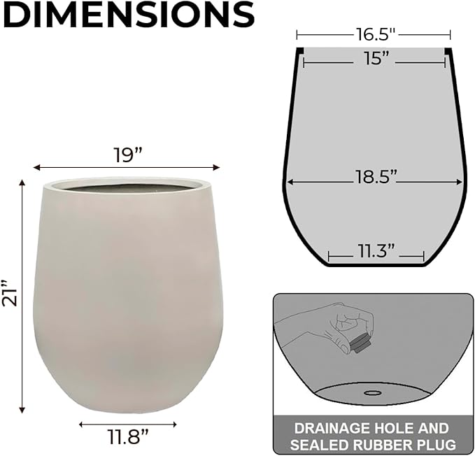 KUTE NEST 21" H x 19" D Corso Fiberstone Round Tapered Planter with Drainage Hole, Smooth Finishes, Weather Resistant for Indoor and Outdoor Use, Included 2 Extra Coco Mats(Taupe, 15" Pot Opening)