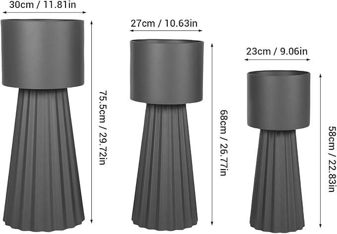 Wennzy Tall Round Flower Pots, Set of 3 Metal Planters for Indoor Outdoor Plants, Large Planter Pot, Planters for Garden Front Porch Patio, 22.83", 26.77", 29.72" H, Dark Gray
