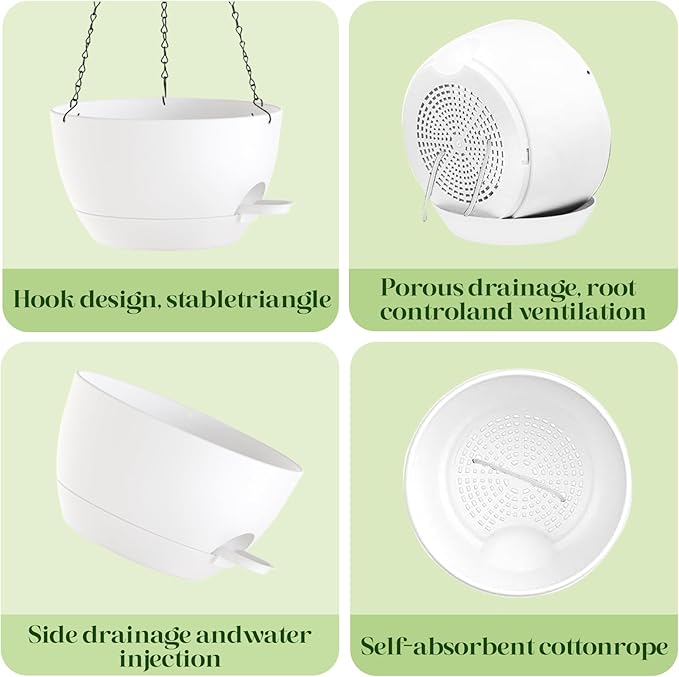 zople 10 Inch Hanging Planters with Chains 2 Pack Self Watering White Plastic Hanging Pots for Indoor Outdoor Plants, Garden Porch Home Decor (White)