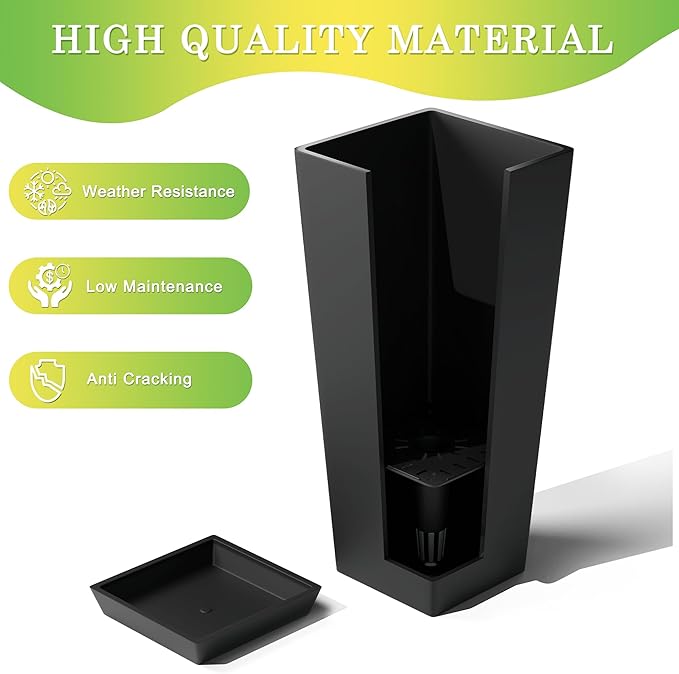 TUYOHW Set of 4 24" Tall Plastic Planters with Trays, Large Tapered Plant Pots for Indoor Outdoor Use, Modern Decorative Planters for Porch, Patio, Garden, and Backyard