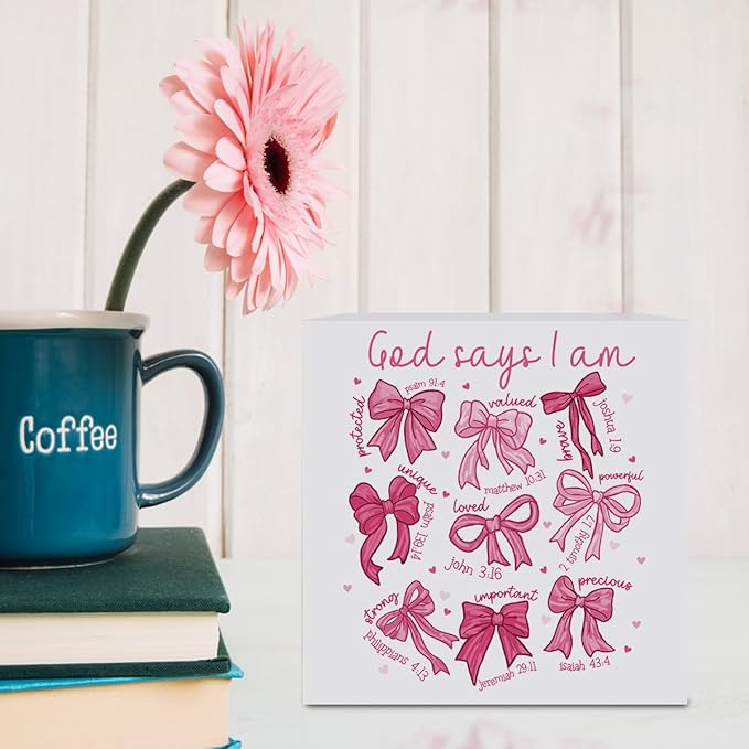 Valentines Day Decorations, Valentines Day Gifts for Her Him, Gift for Boyfriend Girlfriend, Romantic Pink Bow Bible Verse Anniversary Christian Wooden Box Sign Husband Wife Home Office Desk Decor