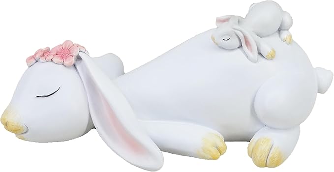 7-inch White Bunny Statue - Resin Mother & Child Rabbit Figurine with Big Heart, Easter Table Decor for Dining Room & Home, Vintage Family Ornament