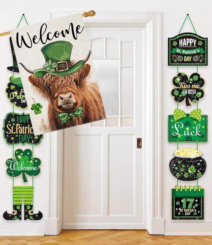 Welcome St Patricks Day House Flags for Outdoor Decoration, Highland Cow with Green Hat Lucky Shamrocks Large Yard Flag, Decorative Irish Celebration Decor for Seasonal Farmhouse Holiday