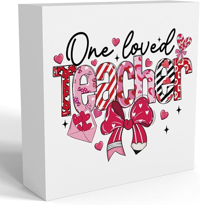 Teacher Valentine Decor Gift, Vintage Valentines Day Gifts for Teachers, Teacher Appreciation Gifts, Birthday Retirement Thank You Gift, Coquette Bow Pencil Wooden Box Sign for Office Desk Decor