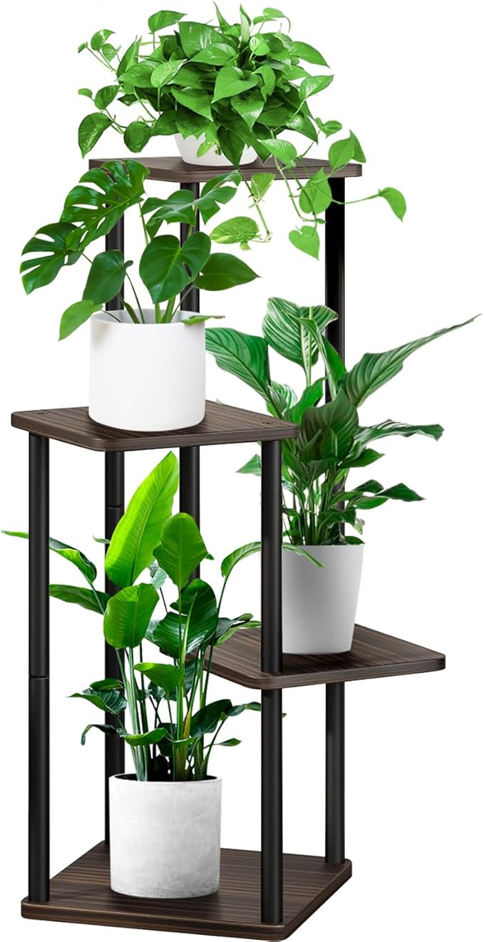 YOCOMEY 4 Tier Wood Tall Plant Stand Metal Rack Indoor, Multiple Flower Pot Holder Shelves Corner Rack, Planter Shelf Display Rack Storage Organizer for Patio Living Room Balcony Garden(Black Oak)