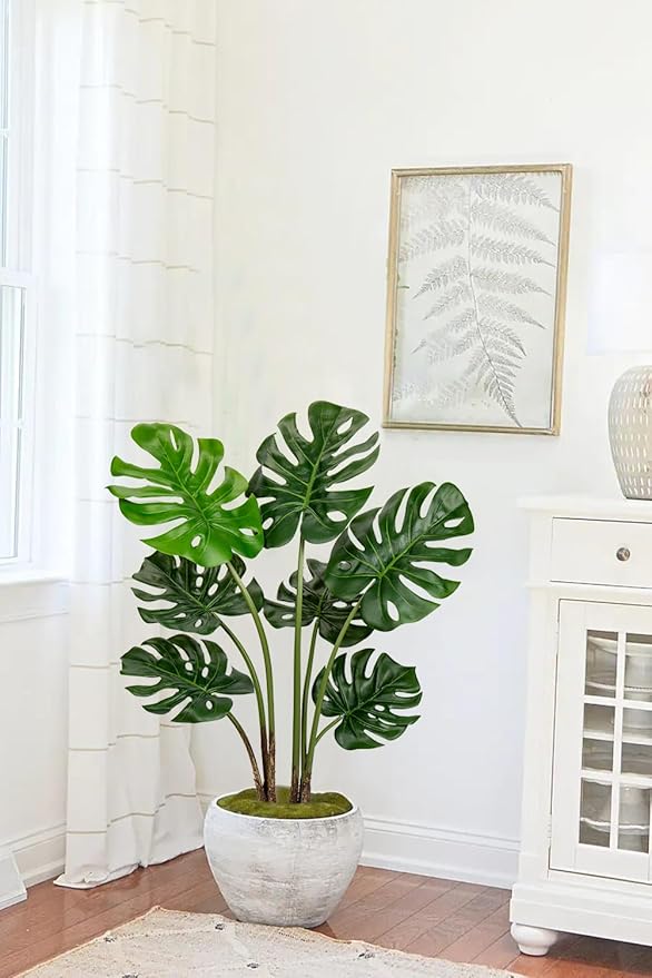 Hollyone 2 Pack Artificial Monstera Deliciosa Plant 3FT Tall Fake Tropical Palm Plants Trees Faux Monstera Indoor Swiss Cheese Plants for Indoor Outdoor Home Office Garden Living Room Decoration