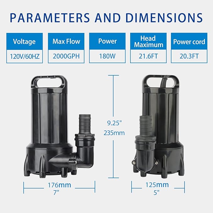OYO WATER 2000GPH Submersible Outdoor Inline Pond Pump High Head Water Pump for Garden Waterfall Fountain Water Circulation for Koi Fish Pond