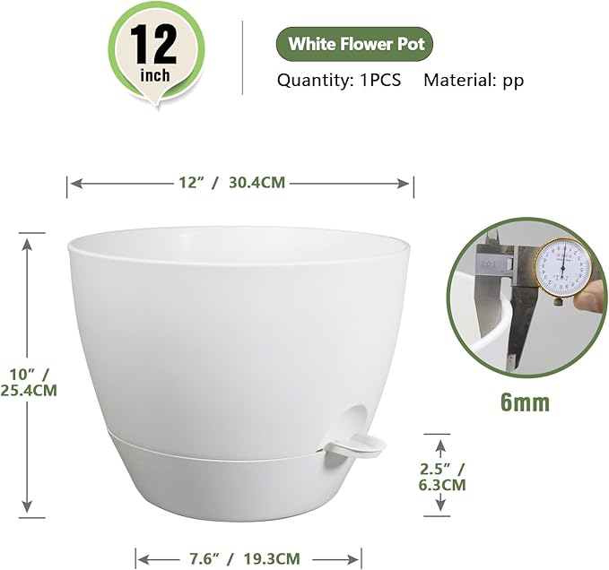 Meowell 12 inch Large Self Watering Pots for Indoor Outdoor Plants, Plant Pots with Mesh Drainage Holes for Garden House Plants, Plastic Planters with Reservoir for Flower Plants, White