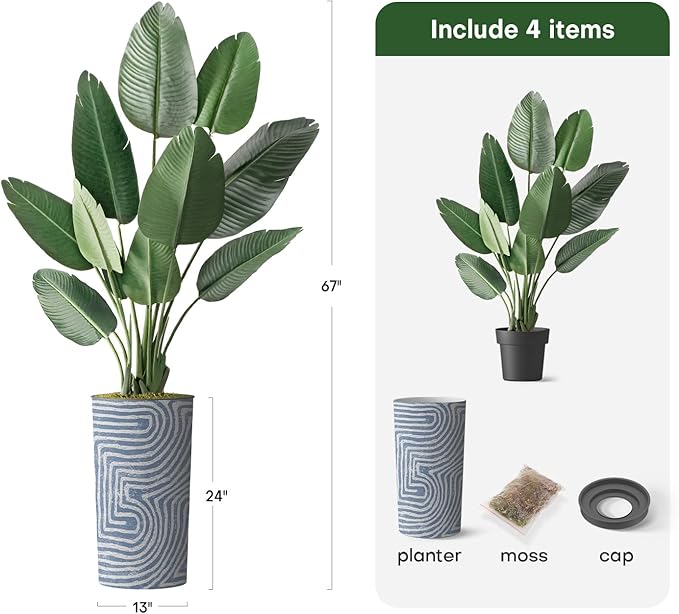 Artificial Tree in Contemporary Geometric Pattern Planter, Fake Bird of Paradise Silk Tree for Indoor and Outdoor Home Decoration - 67" Overall Tall (Plant Pot Plus Tree)