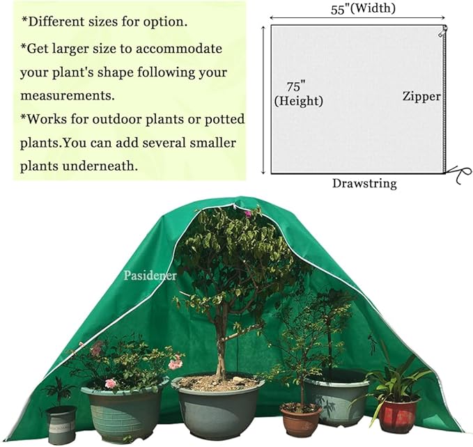 Pasidener Plant Covers Freeze Protection 2 Packs 75" X55" 2.2oz Tree Covers Frost Plant Covers Freeze Cloth for Outdoor Plants with Zipper Drawstring
