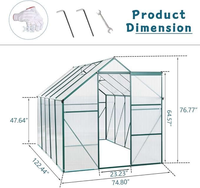6X10FT Polycarbonate Greenhouse Raised Base and Anchor Aluminum Heavy Duty Walk-in Greenhouses for Outdoor Backyard in All Season Green