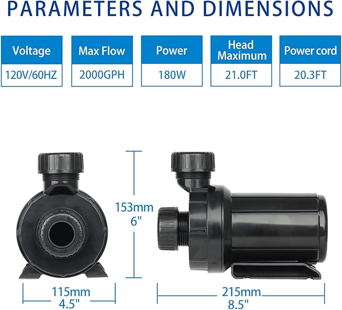 OYO WATER 2000GPH Pond Pumps Submersible Outdoor Inline Pump Pond High Head Water Pump for Garden Waterfall Fountain Water Circulation Pump for Koi Fish Pond