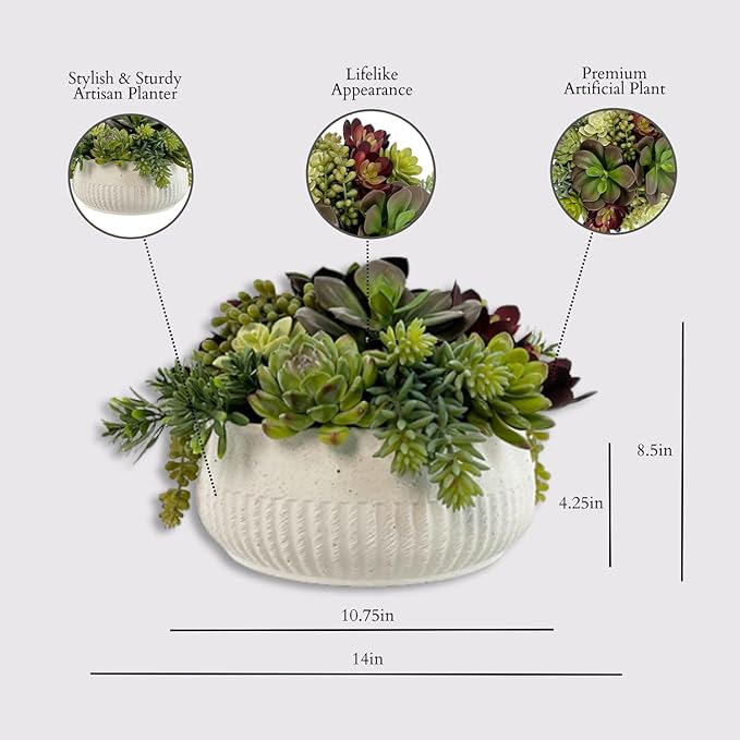 Round Faux Succulent Arrangement, 12" Premium Artificial Indoor Plant Enhances Interior Design, Display on any Surface in Your Home Adding an Inviting Touch of Nature, White Planter Pot Included
