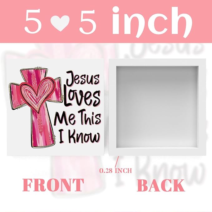 Valentines Day Decorations, Valentines Day Gifts for Her Him, Gift for Boyfriend Girlfriend, Pink Heart Cross Jesus Bible Verse Anniversary Christian Wooden Box Sign Wife Home Office Desk Decor