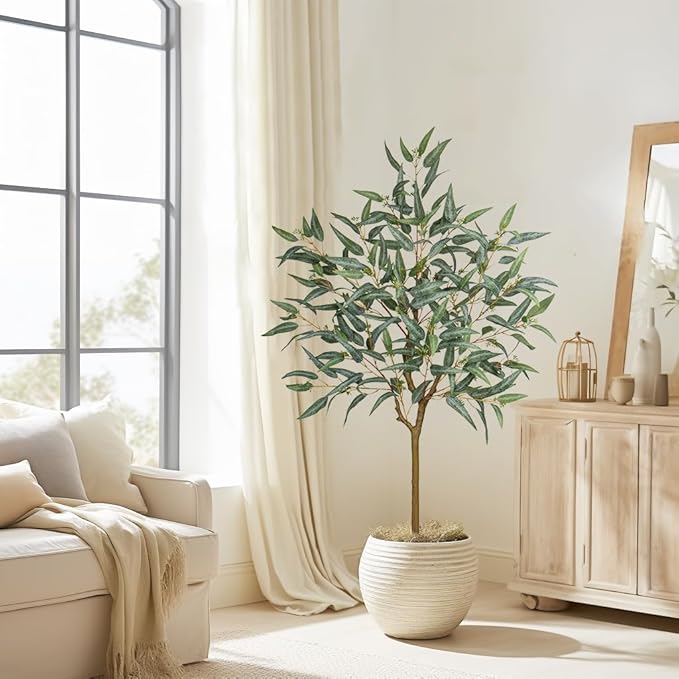 Briful 5ft Artificial Eucalyptus Tree in Black Pot, Realistic Silk Potted Floor Plant Eucalyptus Plant for Home Decor Indoor Outdoor Patio Office, Green Leaf
