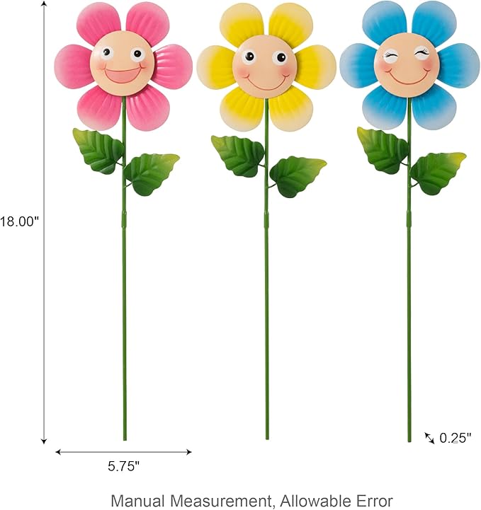 Glitzhome Set of 3 Happy Face Flower Stakes, Metal Flower Yard Stakes with Hand Painted Smiling Design, Iron Garden Yard Spring Decor or Wall Decor, 18”H