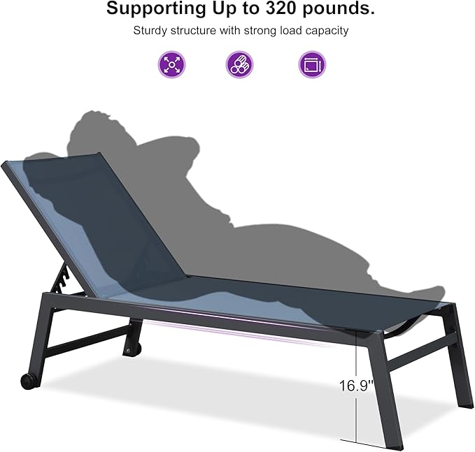 PURPLE LEAF Outdoor Chaise Lounge Set for 2 Oversized Pool Lounge Chairs with Easy-to-Move Wheels and Adjustable Backrest Extra Large Patio Loungers for Poolside Deck Beach Yard Table Included, Indigo