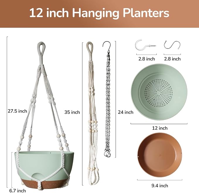 LESOASIS 12 Inch Hanging Baskets for Plants Outdoor, Hanging Planters for Indoor Outdoor Plants, Hanging Planter with Self Watering, Hanging Flower Pots (Green Planter with Macrame + Iron Hangers)