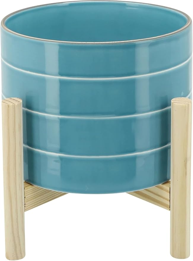 Ceramic Planter with Wooden Stand – Modern Home Decor Stoneware Plant Pot with Elevated Base – Decorative Indoor & Outdoor Planter with Legs for Living Room, Bedroom, Patio, or Garden – 9", Blue