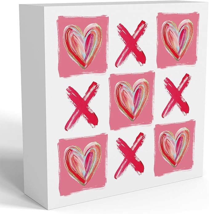 Valentines Day Decorations, Valentines Day Gifts for Her Him, Gift for Boyfriend Girlfriend, Vintage Glitter Pink Checked Xoxo Heart Anniversary Wooden Box Sign Wife Home Office Bedroom Desk Decor