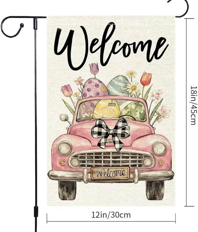 Welcome Easter Garden Flag 12x18 Inch Double Sided Burlap Pink Vintage Car Easter Eggs Flowers Buffalo Check Bow Outdoor Decor for Yard Patio Spring Decor