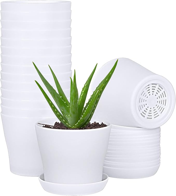 JERIA 16-Pack 4" Plastic Flower Plant Pots Thickened Seedlings Nursery Pots, Flower Plant Container Seed Starting Pots with Pallet (White)