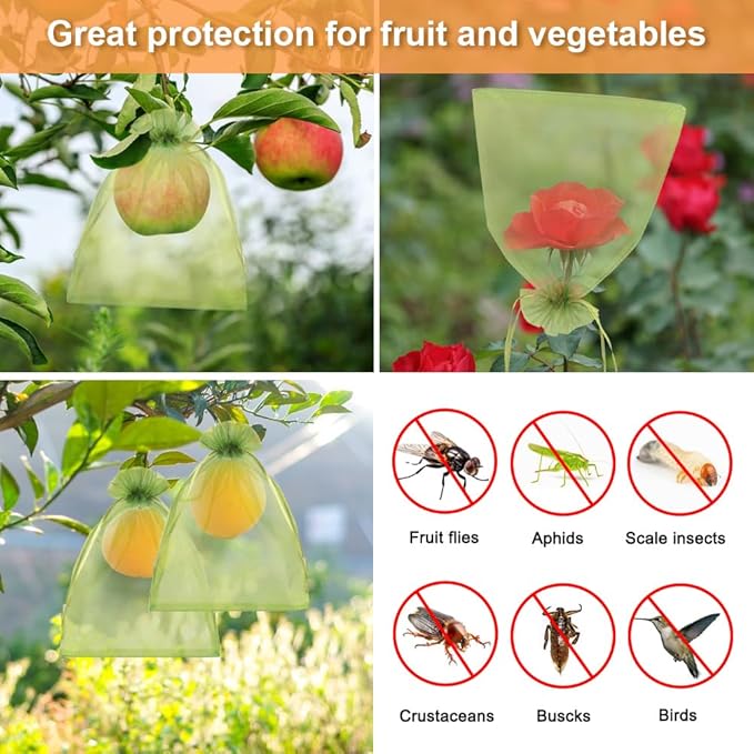 Shintop 100Pcs Fruit Protection Bags, 6x9 Inch Green Fruit Tree Netting Cover Drawstring Mesh Tomato Bags Pest Barrier for Apples Mango