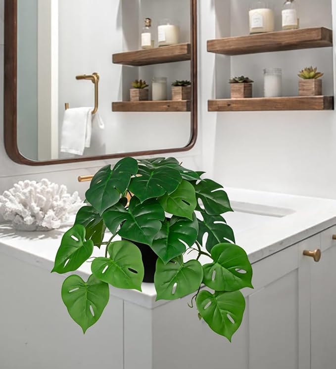 Fake Hanging Plant Artificial Monstera Plant Faux Greenery Leaves in Black Pot for Wall Bedroom Office Desk Bathroom Indoor Outdoor Home Decor