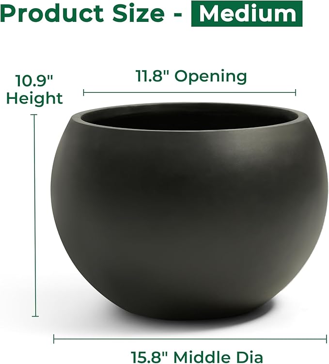 FloraFairy Fiberstone Sphere Planter, Black 15.8" Dia Round Flower Pot with Drainage Hole and Removable Plug, Round Plant Pot for Indoor Outdoor Use, 11.8" Opening-10.9" H, Medium
