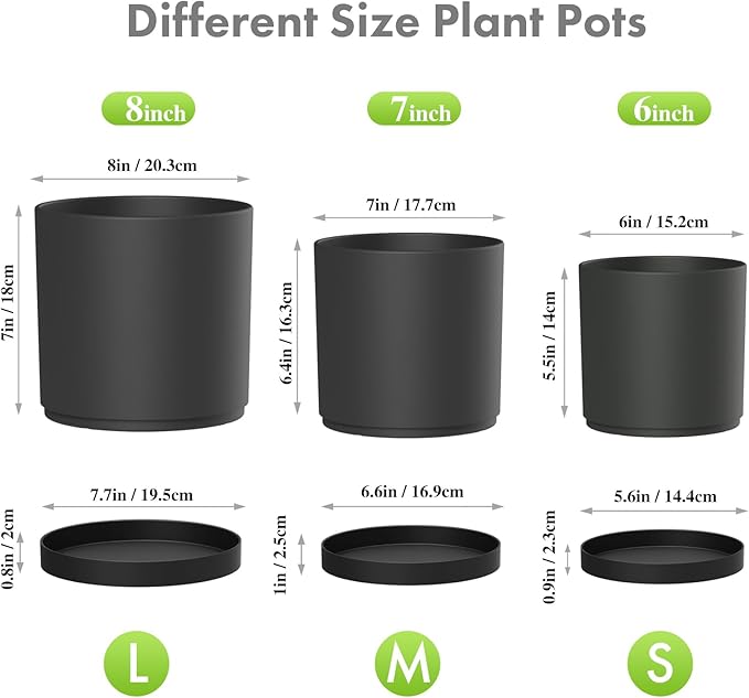 Meowell 8/7/6 inch Plant Pots, 3 Set Cylinder Flower Pots for Outdoor Indoor Plants, Decorative Plastic Planters with Drainage Holes and Saucers for Garden House Plants, Black