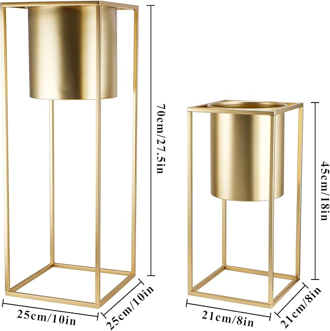 TRIROCKS Set of 2 Large Planters with Stand Gold Planter for Indoor Plants 28 &18" H Morden Plant Pots for Living Room Corner Kitchen Office Garden Balcony Patio Decor(Gold)