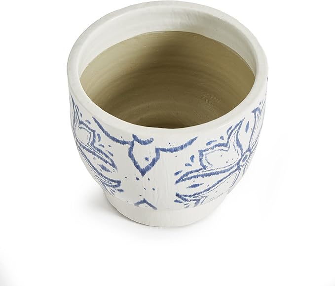 MY SWANKY HOME Mediterranean Blue White Medallion Planter Round Graphic Floret Coastal Pottery Indoor Outdoor 8 in Dia