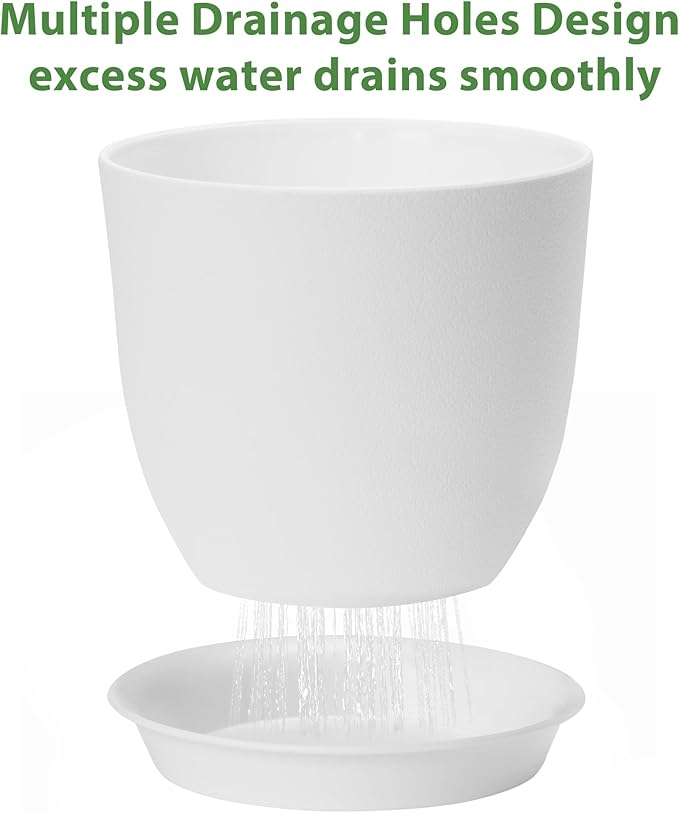 FHWTY Plastic Plant Pots 9/8/7.5 inch Set of 3, Indoor Planters with Drainage Holes and Tray, Thickened Plastic Flowers Pots for Indoor Outdoor Garden Plants and Flowers, White