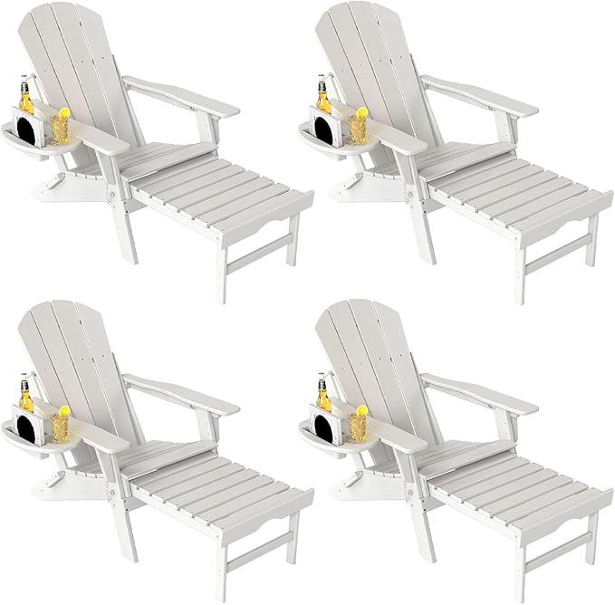 Adjustable Adirondack Chair with Retractable Ottoman Set of 4, HDPE Folding Adirondack Chair with Cup Holder, All Weather Fire Pit Chair for Outdoor.