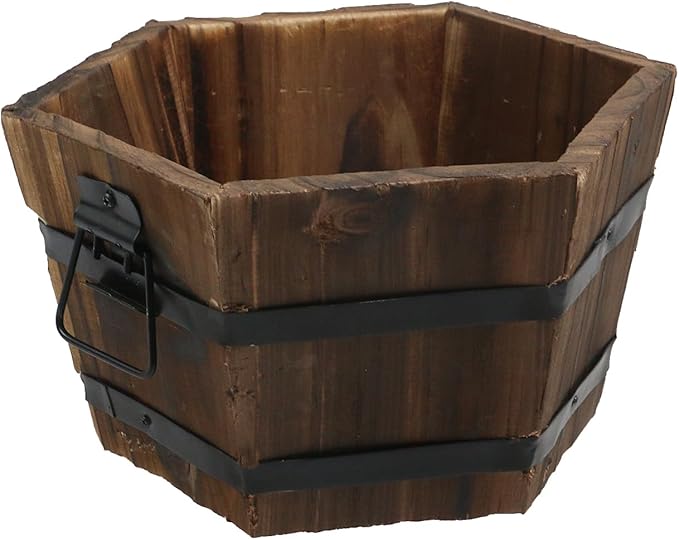 MY MIRONEY Wooden Barrel Planter Vintage Style Wood Bucket Rustic Garden Flower Plant Pots Container with Metal Handles, Hexagonal, 8.27" x 4.72"