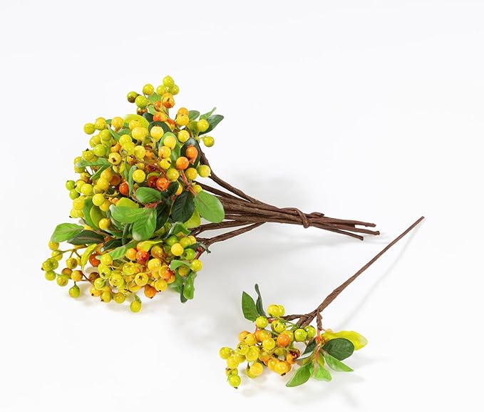 SHACOS Artificial Orange Fall Berry Stems 20 PCS Fake Berries Branches Spray with Green Leaves 9.8 inch Small Berry Picks for Thanksgiving Christmas Floral Crafts Home Decor, Orange Yellow