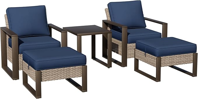 Joyside Outdoor Patio Chairs, 4 Pieces Wicker Rattan Furniture Set, 2 Patio Chairs, 2 Ottoman and 1 Table, Metal Wide Armrest, Thick Cushions and Deep Seating for Garden, Backyard, Porch, Deck
