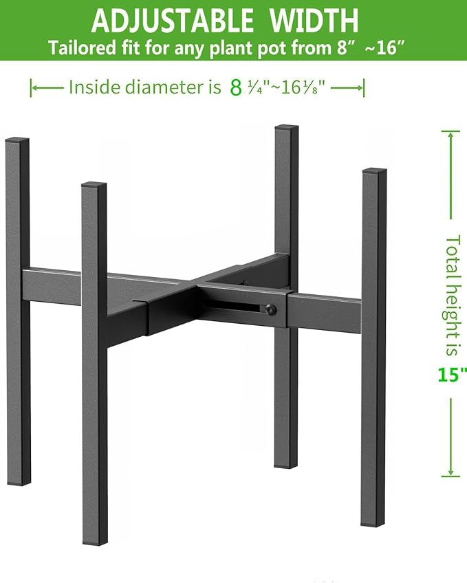 BSTMAI Metal Plant Stand, Adjustable Size Fits 10 12 13 14 15 16 Inches Large Planter Pot,Mid Century Expandable Plant Holder Indoor Outdoor Corner (HeavyBlack, Fits all pots between 8" and 16")