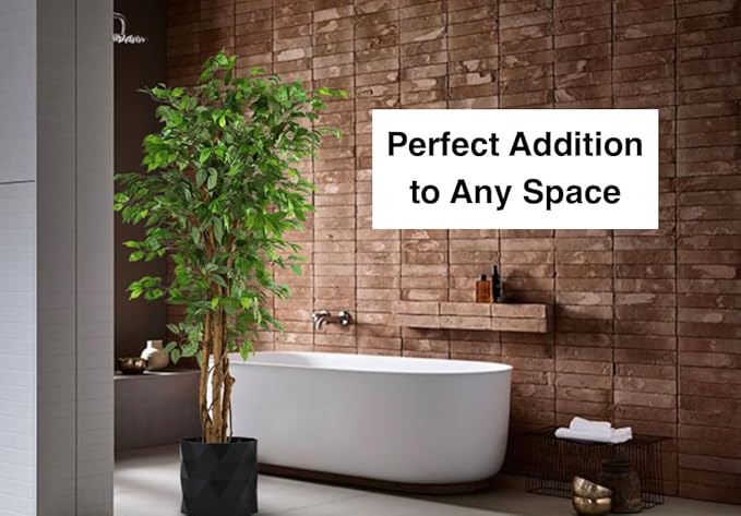 Deluxe 6 Feet Tall FICUS Silk Leaf Artificial Tree + 8" Base + 12" Plant Pot Skirt. 18 Feet of Vine Adorn Wide Real Trunks with Green Leaves + 12" Plant Base Skirt + Bonus USA Flag Style Pot Pant