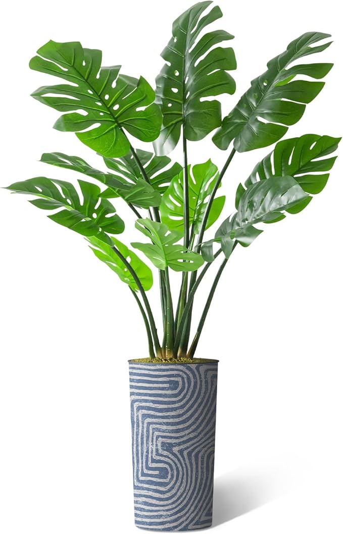 Artificial Tree in Contemporary Geometric Pattern Planter, Fake Monstera Silk Tree for Indoor and Outdoor Home Decoration - 65" Overall Tall (Plant Pot Plus Tree)