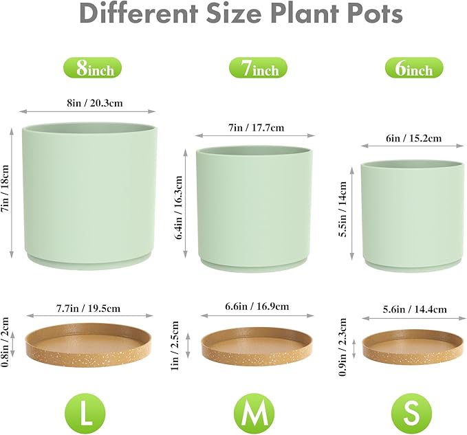 Meowell 8/7/6 inch Plant Pots, 3 Pack Cylinder Flower Pots for Outdoor Indoor Plants, Decorative Plastic Planters with Drainage Holes and Saucers for Garden House Plants, Green with Brown