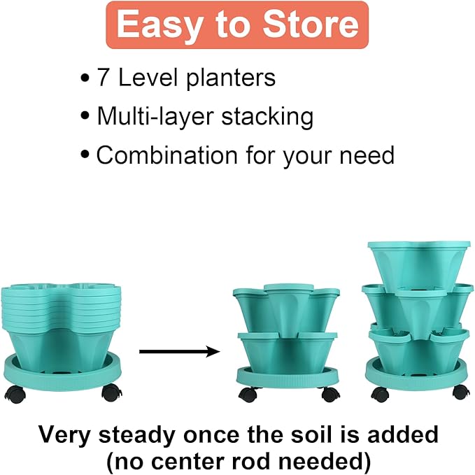 DUNCHATY Stackable Planter, Vertical Garden Planter with Wheels and Tools, Self Watering Strawberry Planter Indoor/Outdoor 7 Tier Herb Planter Pots for Growing Vegetables and Succulents, Teal